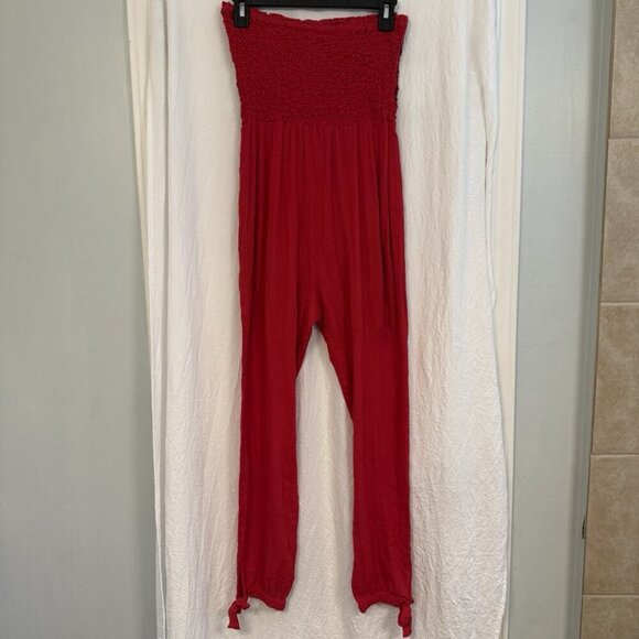 Free People Karan Strapless Smocked Jumpsuit Romper Red Size XS Boho Floral - Picture 6 of 15